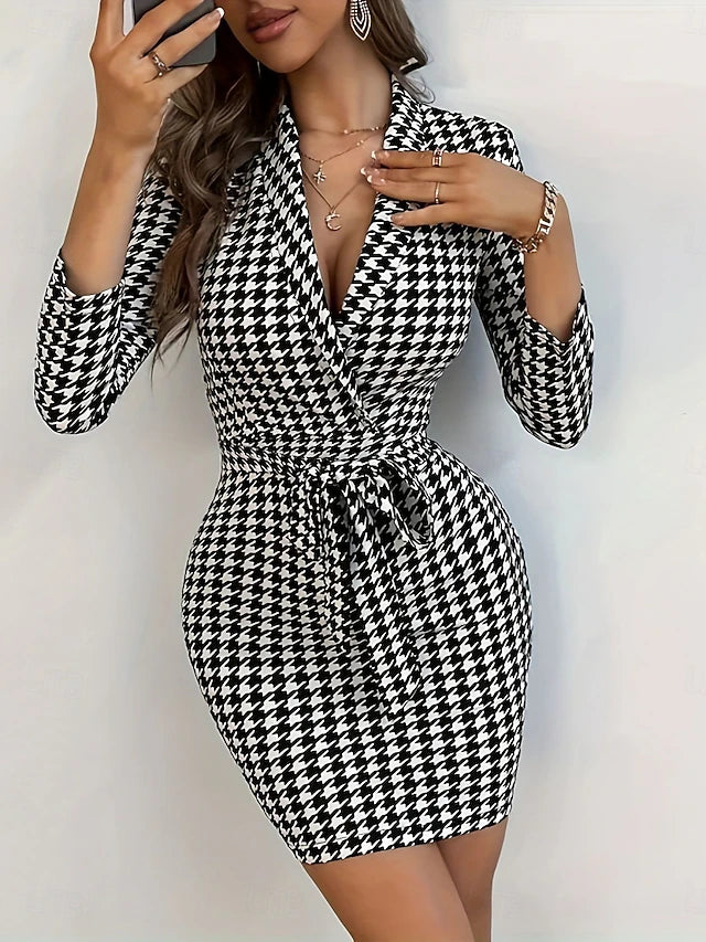 ZARÉLIA – WOMEN’S HOUNDSTOOTH BODYCON MINI DRESS