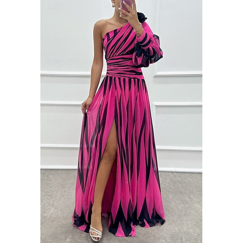 ZARELIA – WOMEN’S ONE-SHOULDER COLOR BLOCK MAXI DRESS