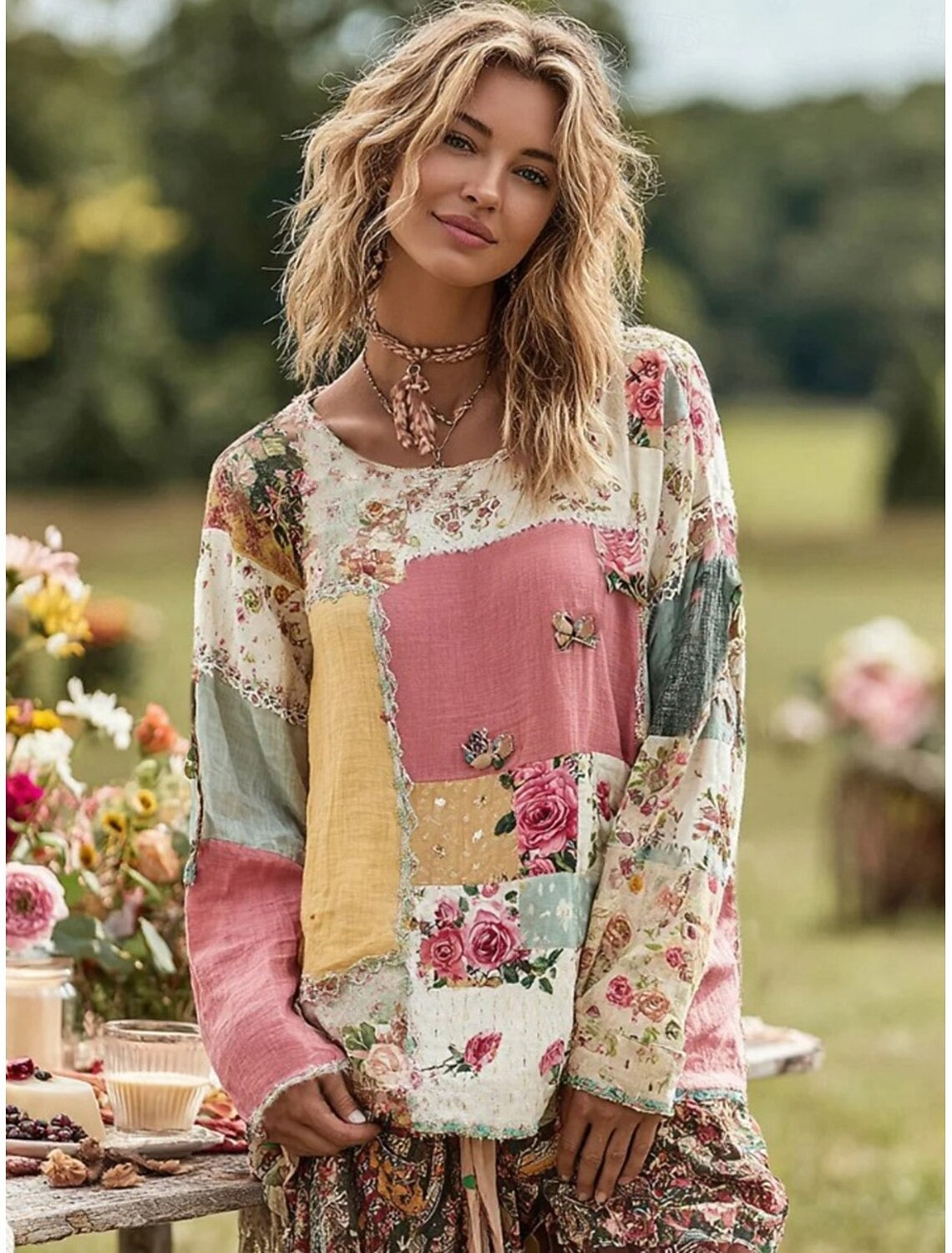 MIRÉLIA – WOMEN’S PLUS SIZE FLORAL GRADIENT LONG SLEEVE T-SHIRT