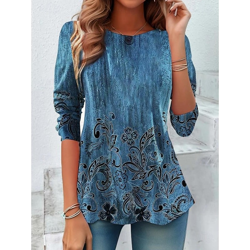 ELMÍRA – WOMEN’S FLORAL GRAPHIC LONG SLEEVE TUNIC TOP