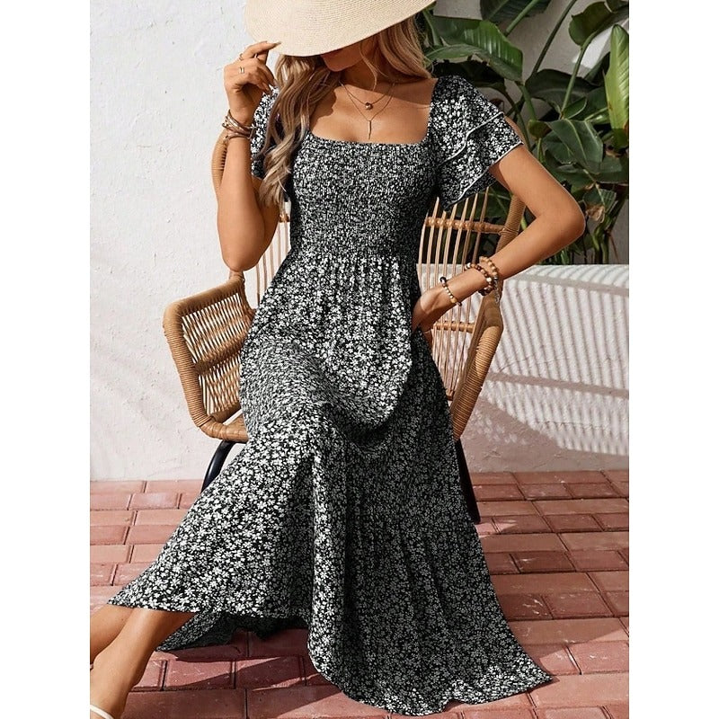 LUNÉLIA – WOMEN’S FLORAL SQUARE NECK MIDI DRESS
