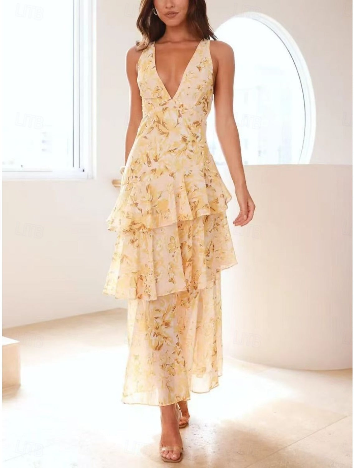 LUMÉRIA – WOMEN’S FLORAL RUFFLE V-NECK MAXI DRESS