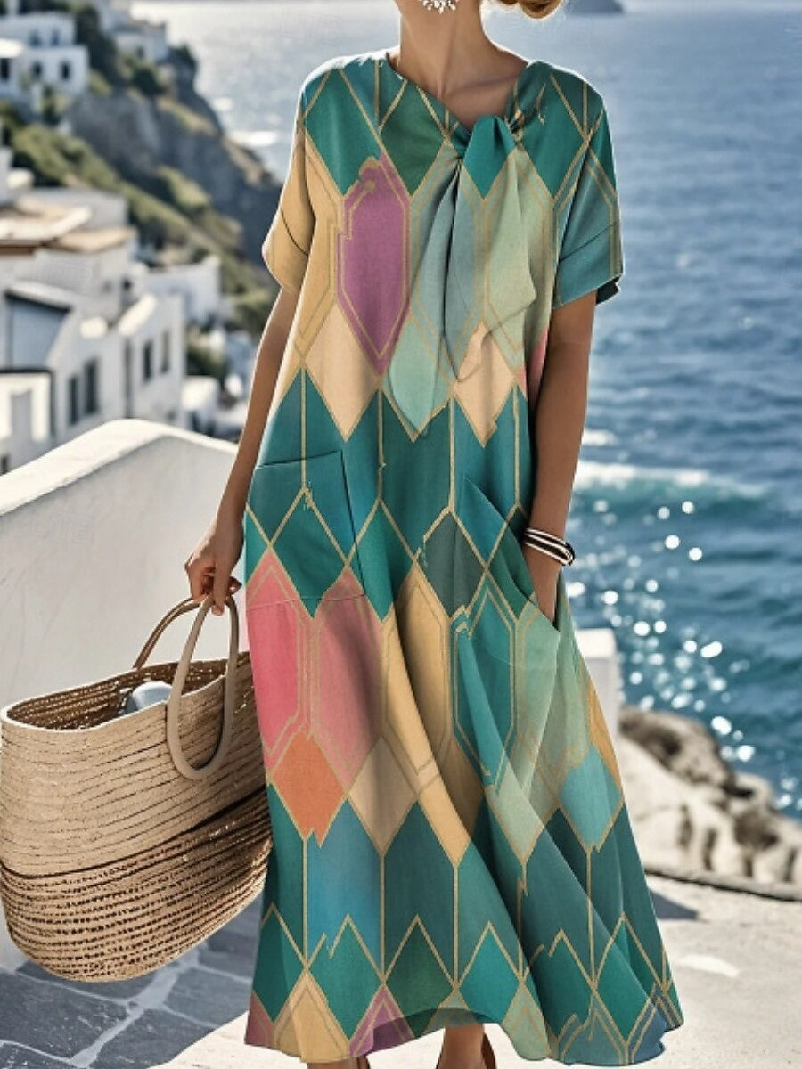 ARVÉLIA – WOMEN’S GEOMETRIC HALTER NECK MIDI DRESS