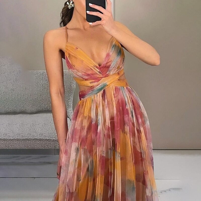 ARMEVA – WOMEN’S FLORAL SPAGHETTI STRAP SWING MAXI DRESS