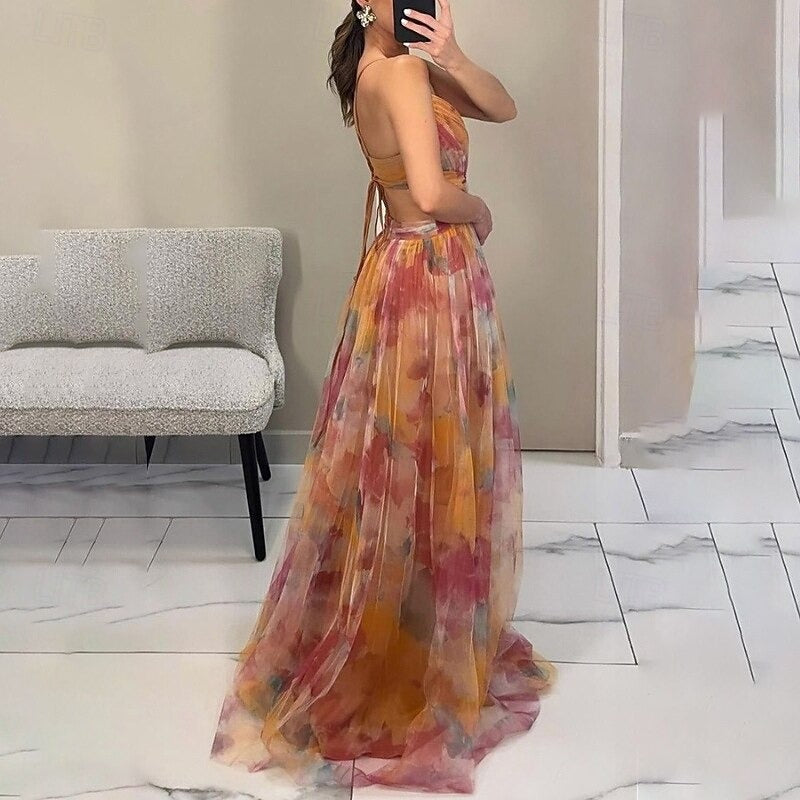 ARMEVA – WOMEN’S FLORAL SPAGHETTI STRAP SWING MAXI DRESS