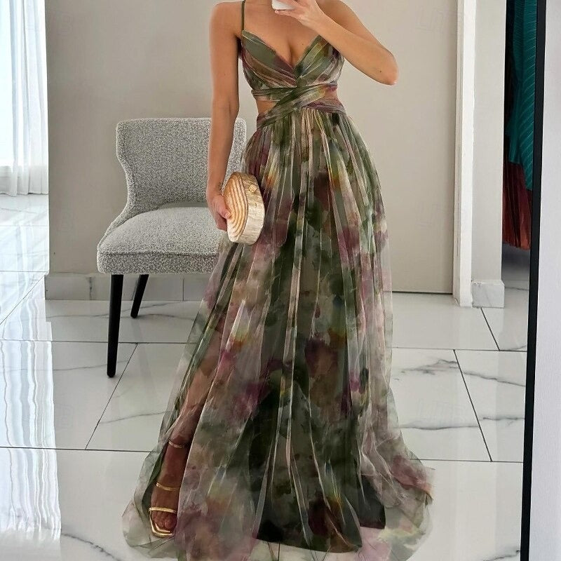 ARMEVA – WOMEN’S FLORAL SPAGHETTI STRAP SWING MAXI DRESS