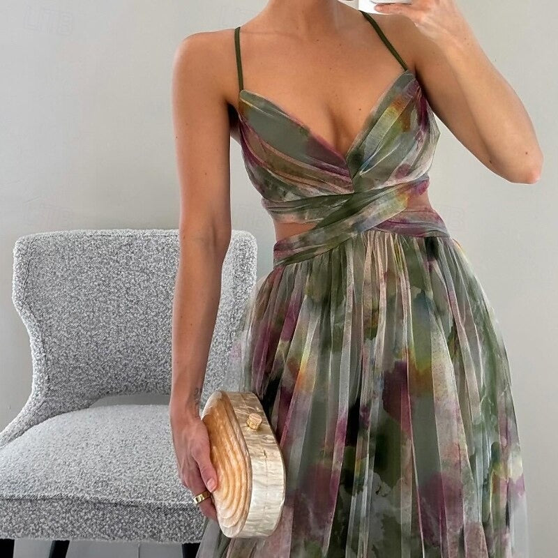 ARMEVA – WOMEN’S FLORAL SPAGHETTI STRAP SWING MAXI DRESS