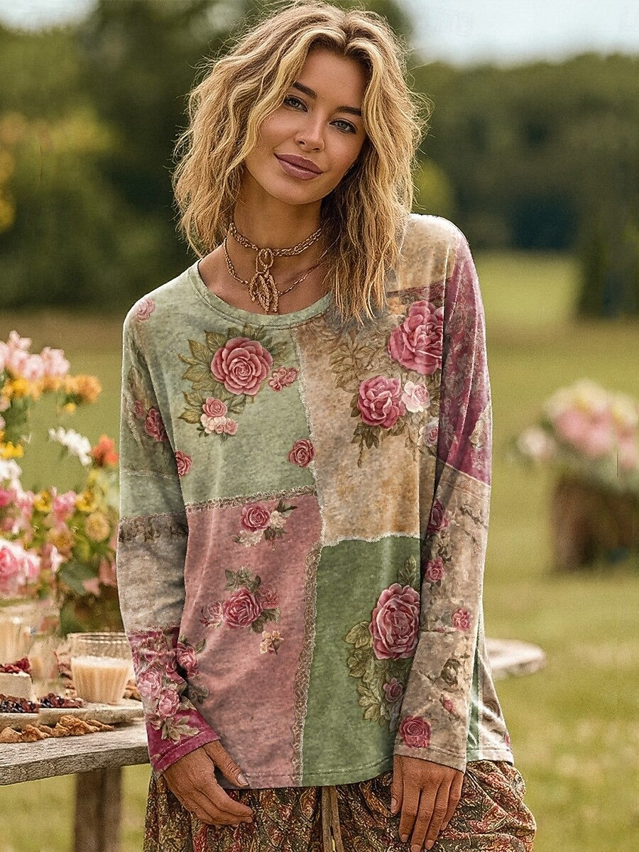 MIRÉLIA – WOMEN’S PLUS SIZE FLORAL GRADIENT LONG SLEEVE T-SHIRT