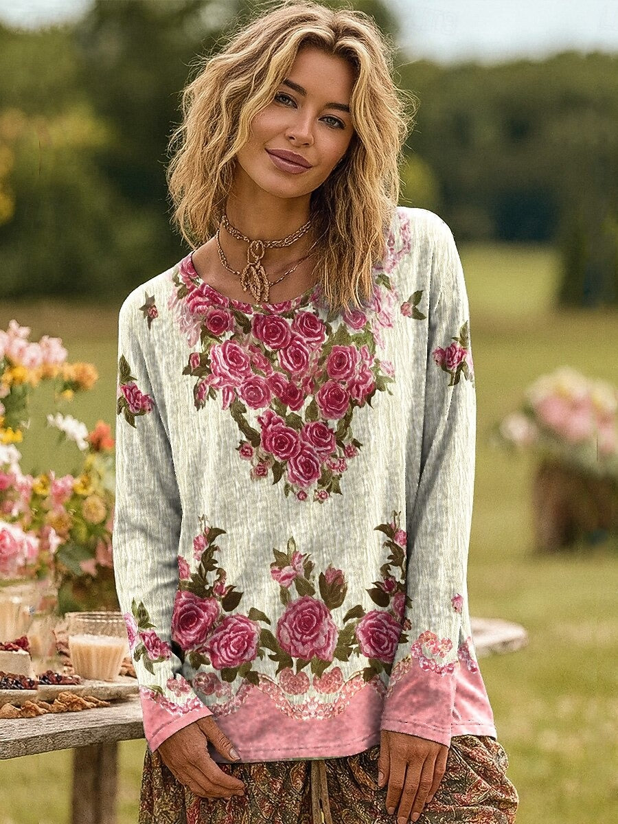 MIRÉLIA – WOMEN’S PLUS SIZE FLORAL GRADIENT LONG SLEEVE T-SHIRT