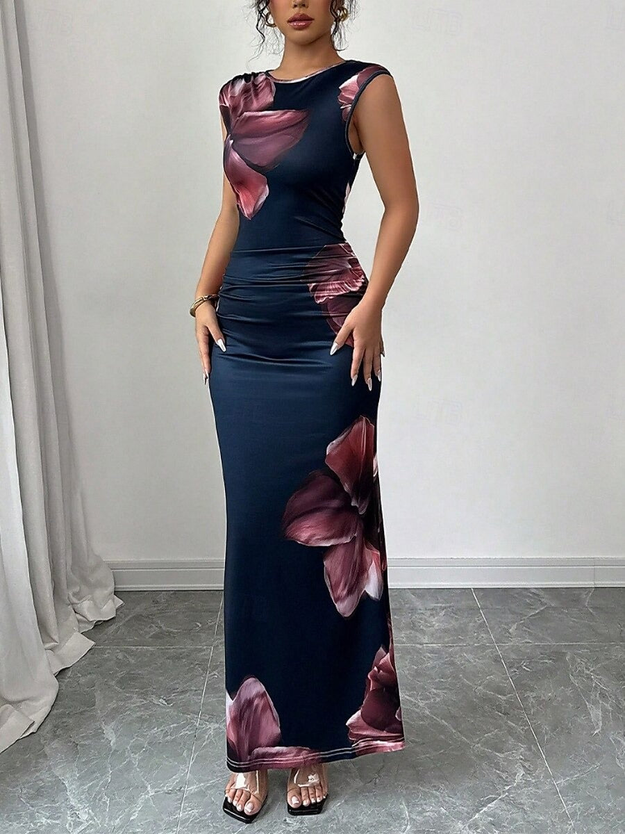 SERÉLIA – WOMEN’S SATIN FLORAL BODYCON MAXI DRESS