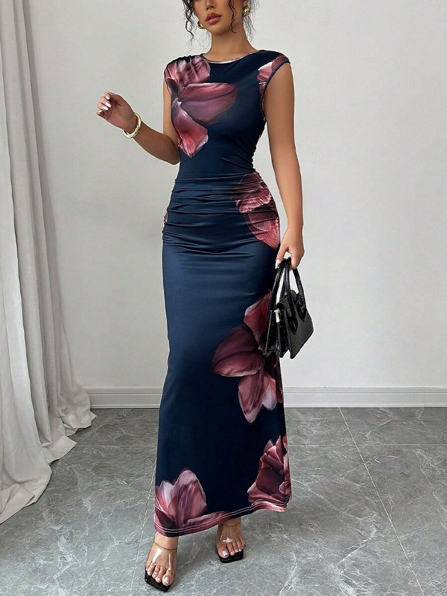SERÉLIA – WOMEN’S SATIN FLORAL BODYCON MAXI DRESS