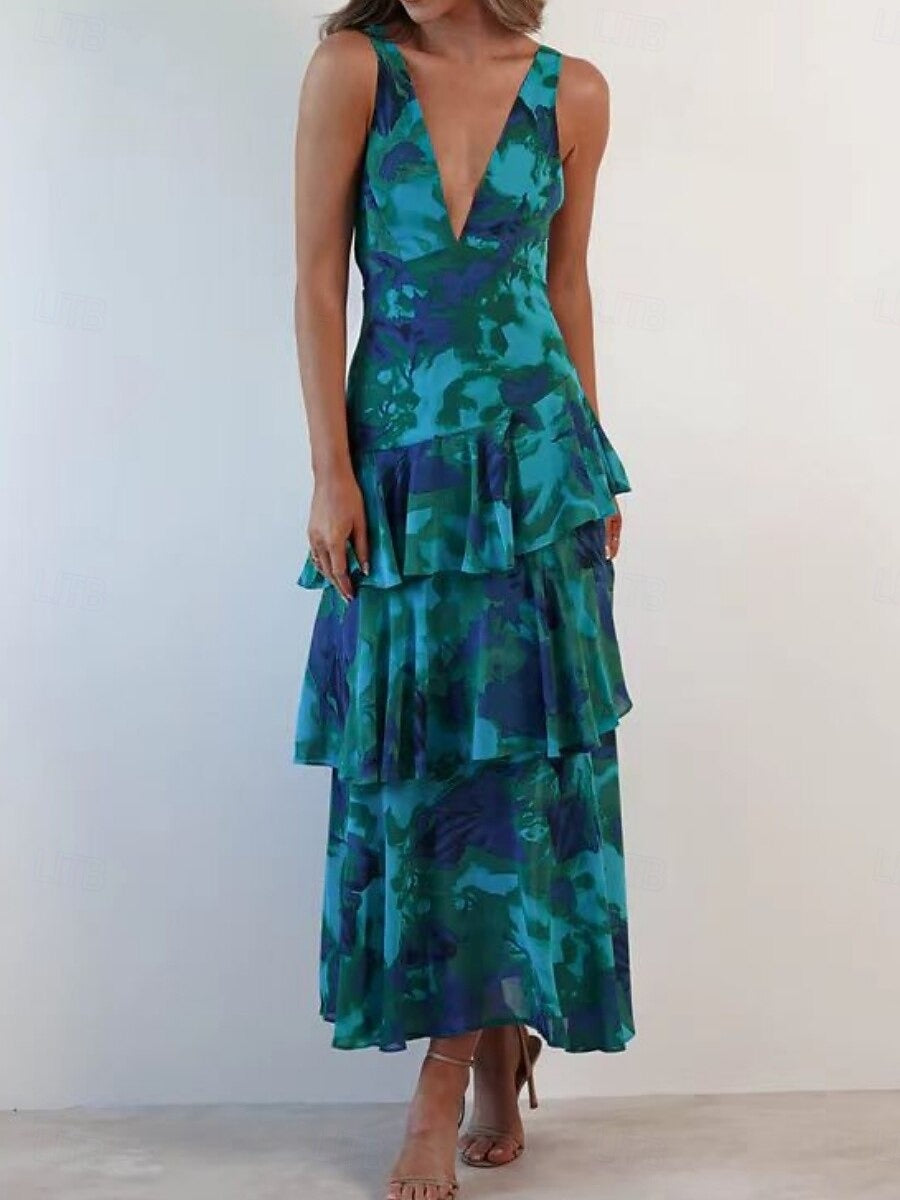 LUMÉRIA – WOMEN’S FLORAL RUFFLE V-NECK MAXI DRESS