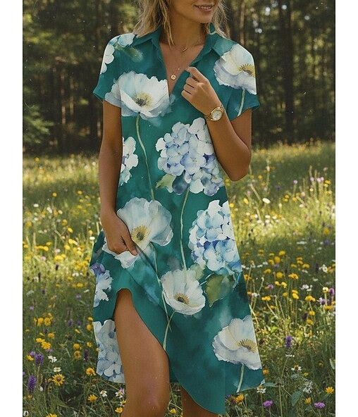 VIRÉNA – WOMEN’S FLORAL SHIRT COLLAR KNEE-LENGTH DRESS