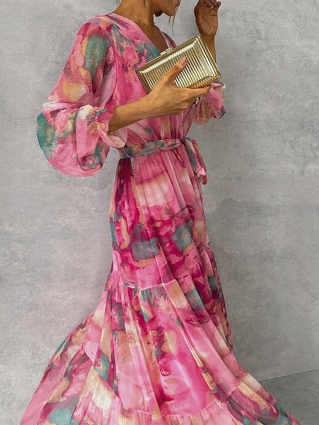 FUCHSÉRA – WOMEN’S FLORAL CHIFFON V-NECK MAXI DRESS