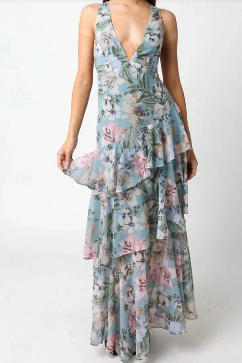 LUMÉRIA – WOMEN’S FLORAL RUFFLE V-NECK MAXI DRESS