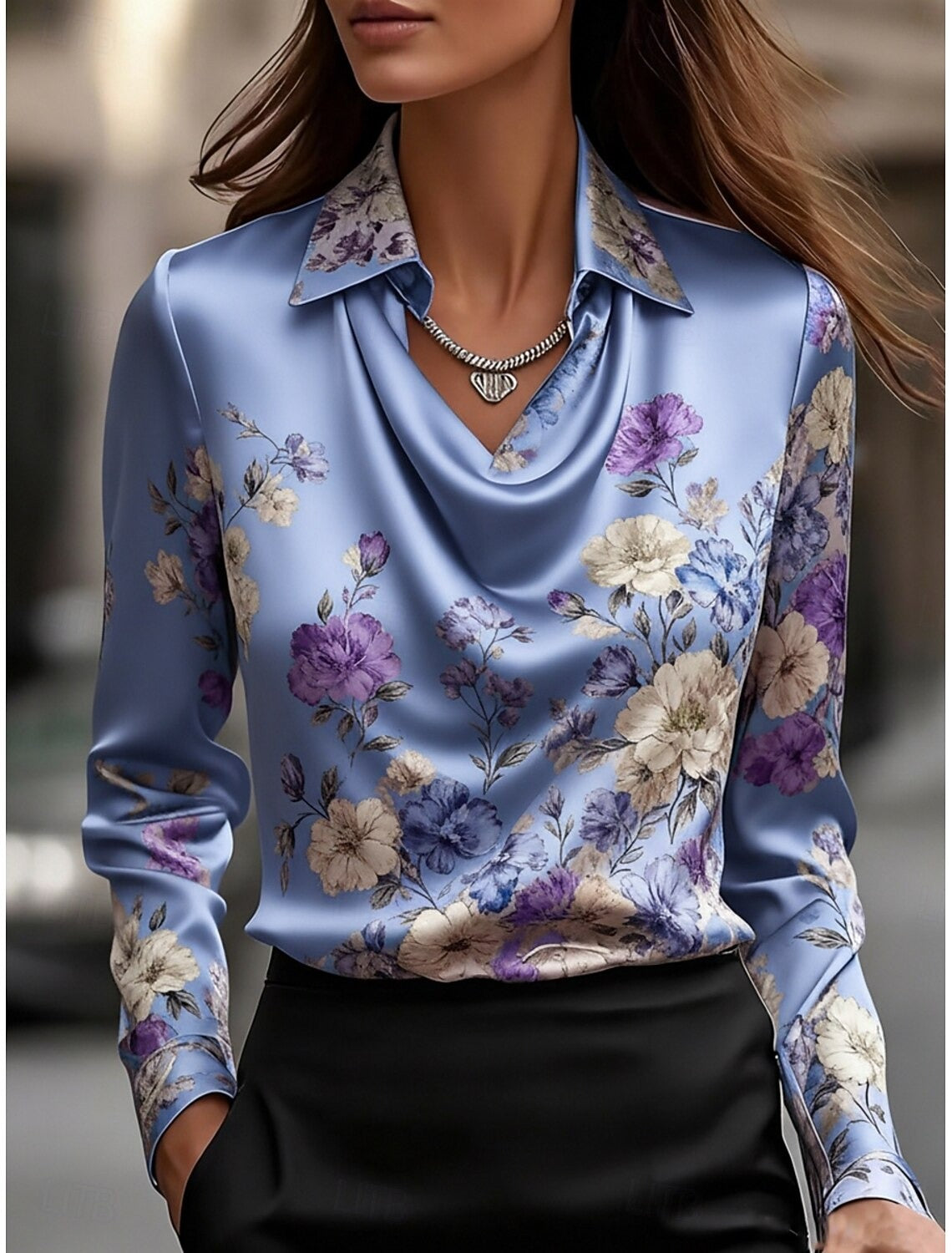 ELISÉA – WOMEN’S SATIN DRAPED FLORAL COWL NECK TOP