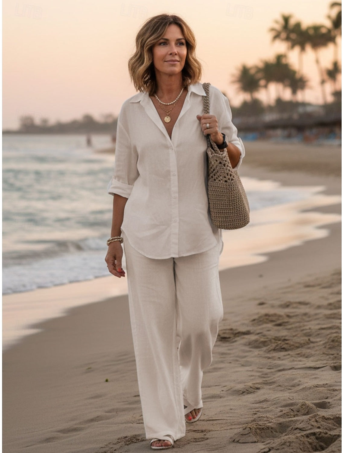 VALÉRIA – WOMEN’S SOLID COLOR V-NECK PANTS SET