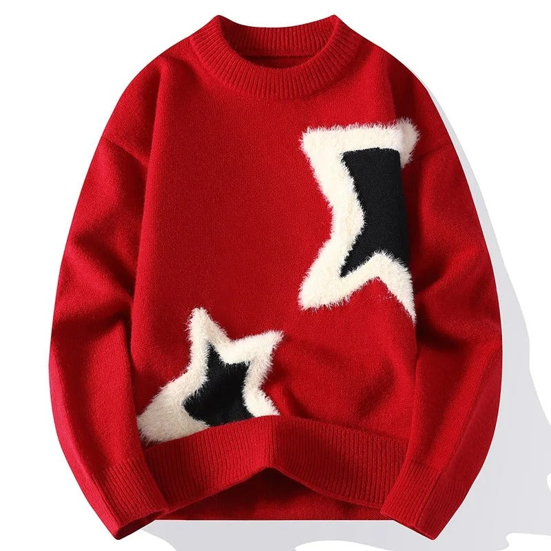Red sweater with star designs on a white background